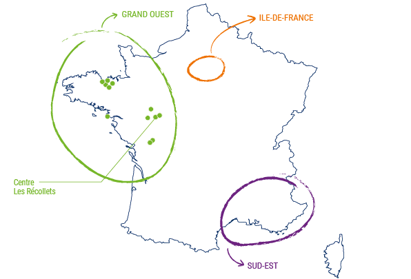 Carte de France avec un focus sur le centre Les Récollets
